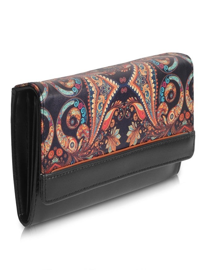 DOSYSO Wallet for Women Girls Stylish Latest Printed Faux Leather with Phone Space Coin Compartment Mobile Storage 4 Card Slots Holder Cash Zip Pockets Hand Clutch for Daily Use Ladies Long Purse (Black) - Image 1